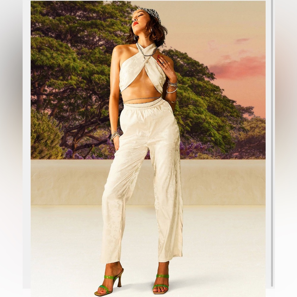 ASOS DESIGN cream satin floral jacquard cross neck halter crop top & Soft set